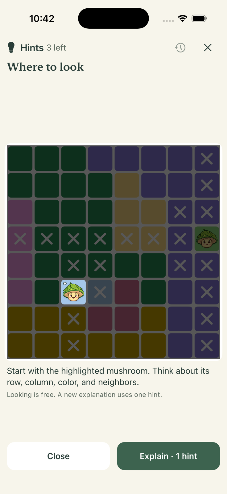 A free Where to look hint invites the player to consider a mushroom’s row, column, color, and neighbors.