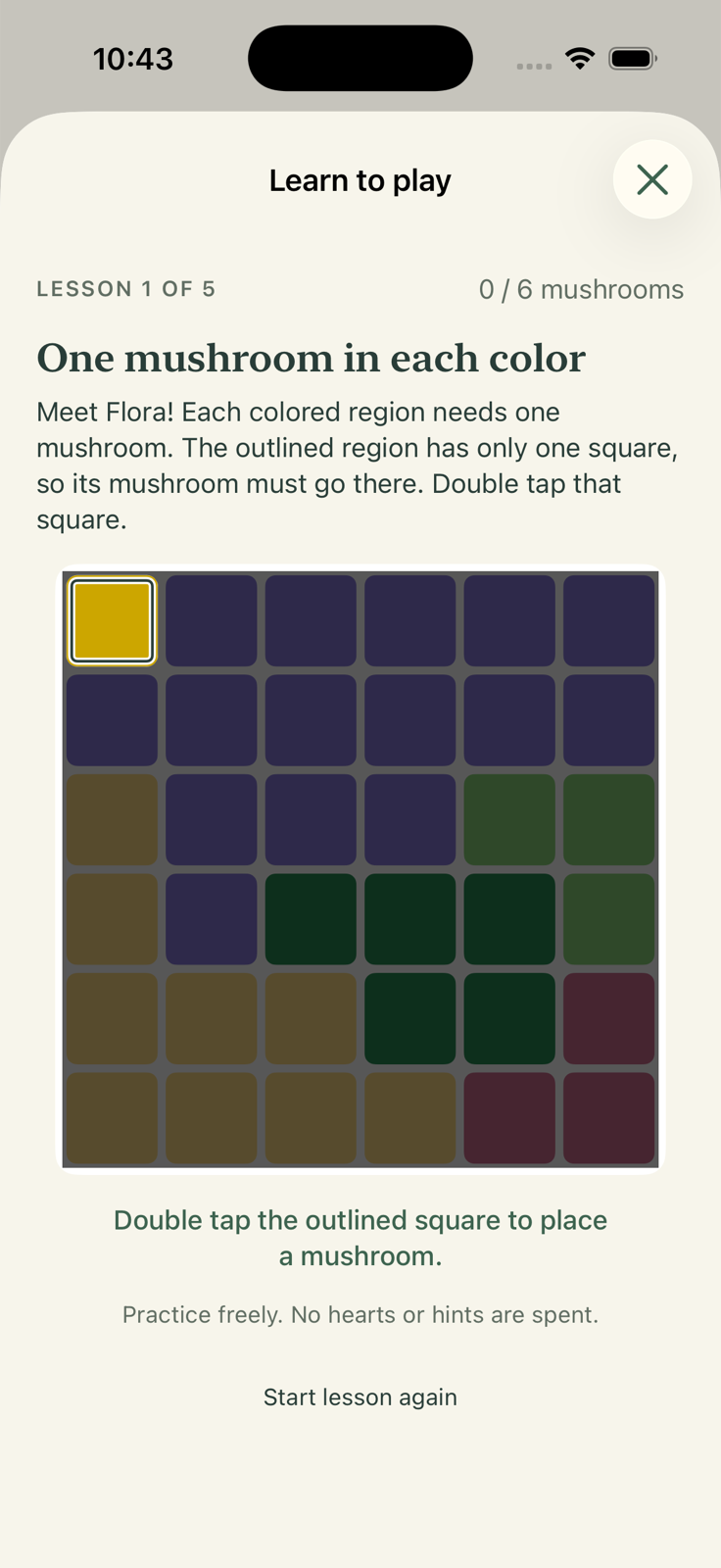 Lesson one highlights a one-square region in the 6 by 6 practice board.